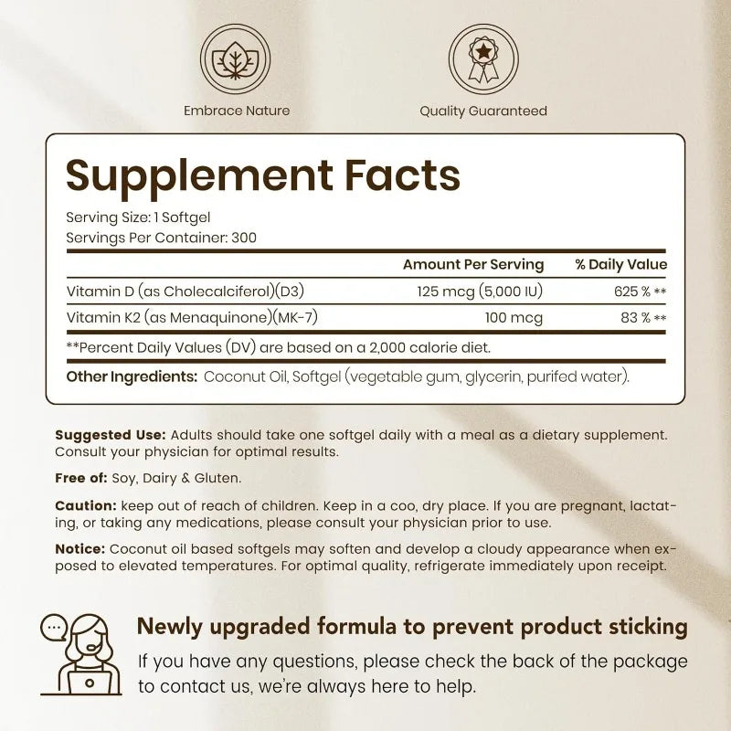 Vitamin D3 K2 5000 IU D3 100mcg K2 300 Softgels 2-in-1 Vitamin D K Supplement with Coconut Oil