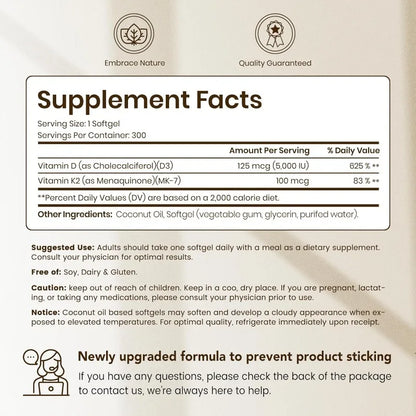 Vitamin D3 K2 5000 IU D3 100mcg K2 300 Softgels 2-in-1 Vitamin D K Supplement with Coconut Oil