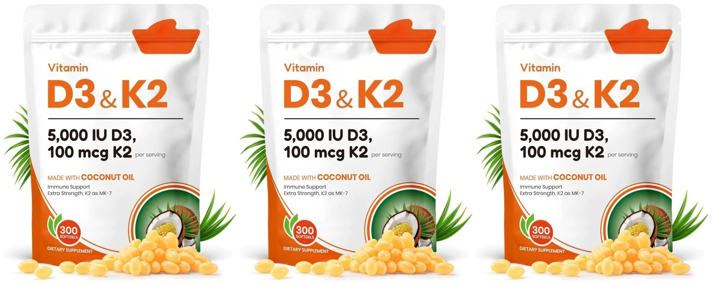 Vitamin D3 K2 5000 IU D3 100mcg K2 300 Softgels 2-in-1 Vitamin D K Supplement with Coconut Oil