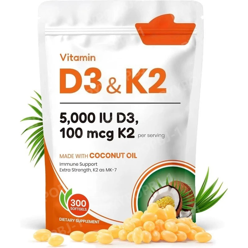 Vitamin D3 K2 5000 IU D3 100mcg K2 300 Softgels 2-in-1 Vitamin D K Supplement with Coconut Oil