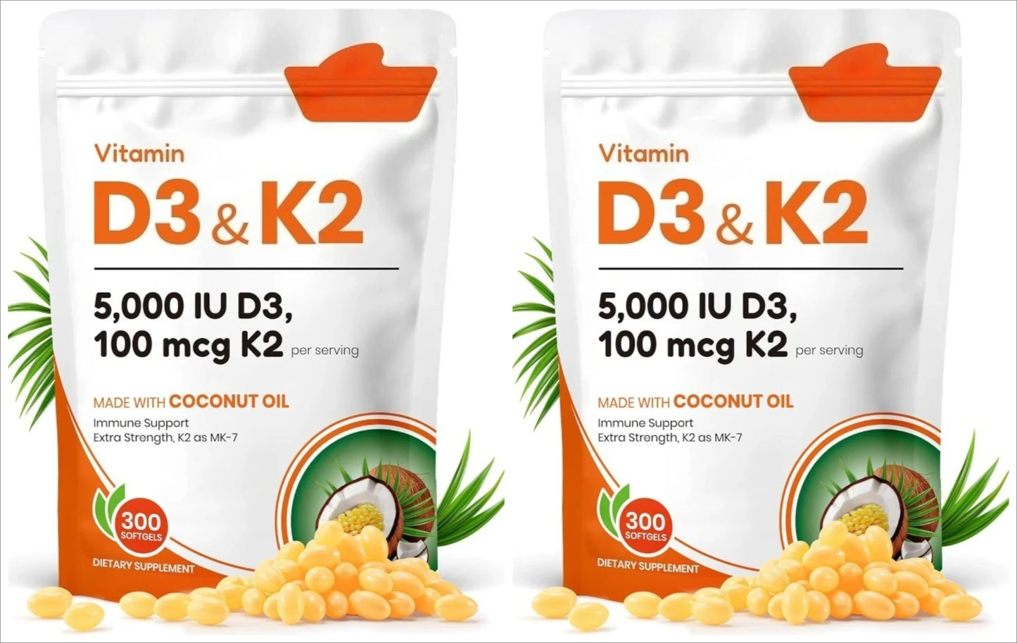 Vitamin D3 K2 5000 IU D3 100mcg K2 300 Softgels 2-in-1 Vitamin D K Supplement with Coconut Oil