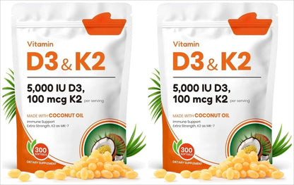 Vitamin D3 K2 5000 IU D3 100mcg K2 300 Softgels 2-in-1 Vitamin D K Supplement with Coconut Oil