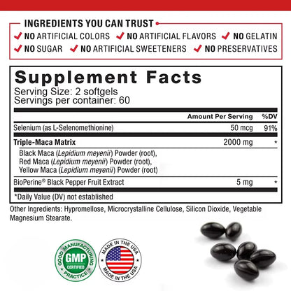Maca Root Capsules for Men and Women To Maximize Vitality and Performance Made with Black Maca, Red Maca and Yellow Maca Powders