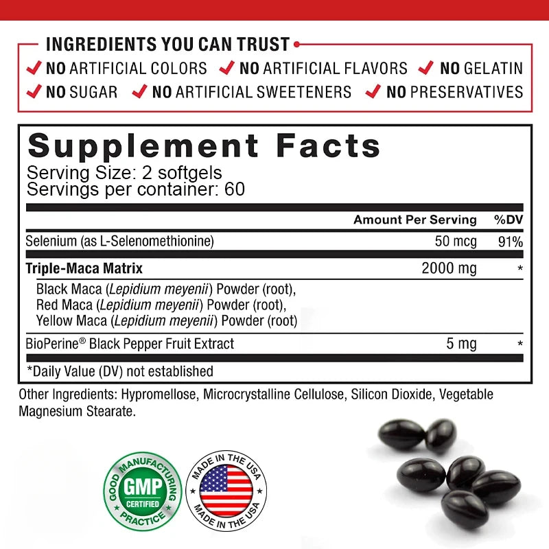 Maca Root Capsules for Men and Women To Maximize Vitality and Performance Made with Black Maca, Red Maca and Yellow Maca Powders
